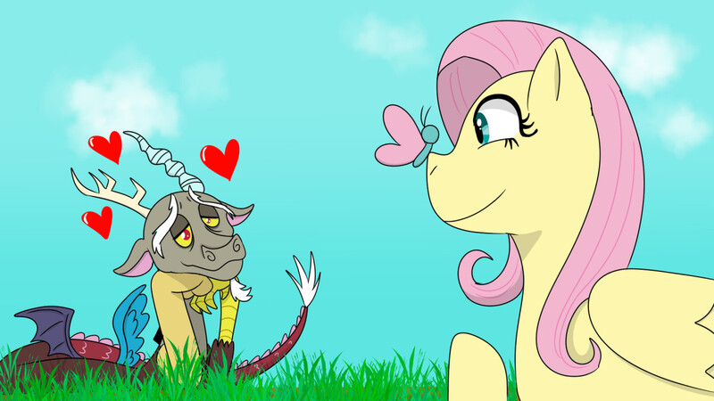 Size: 1280x720 | Tagged: safe, artist:helathahstudios, derpibooru import, discord, fluttershy, butterfly, draconequus, insect, pegasus, pony, butterfly on nose, cloud, discoshy, duo, duo male and female, female, g4, grass, heart, image, insect on nose, interspecies, jpeg, lidded eyes, lying down, male, raised hoof, shipping, sky, smiling, straight