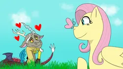 Size: 1280x720 | Tagged: safe, artist:helathahstudios, derpibooru import, discord, fluttershy, butterfly, draconequus, insect, pegasus, pony, butterfly on nose, cloud, discoshy, duo, duo male and female, female, g4, grass, heart, image, insect on nose, interspecies, jpeg, lidded eyes, lying down, male, raised hoof, shipping, sky, smiling, straight
