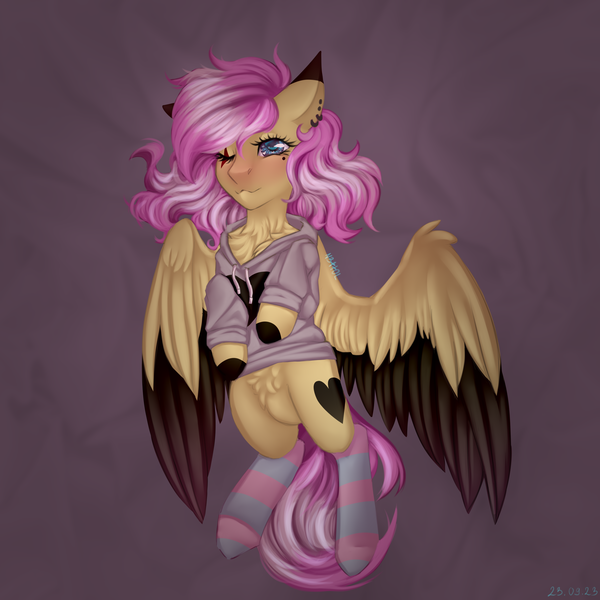 Size: 3000x3000 | Tagged: safe, artist:n3tt0l, derpibooru import, oc, unofficial characters only, pegasus, pony, art trade, bedsheets, belly fluff, birthmark, blue eyes, blushing, chest fluff, clothes, coat markings, ear piercing, earring, eye scar, eyelashes, facial scar, female, image, jewelry, looking at you, one eye closed, piercing, pink hair, png, scar, shiny eyes, shiny mane, smiling, smiling at you, socks, solo, solo female, spots, spread wings, sweater, wings, yellow skin