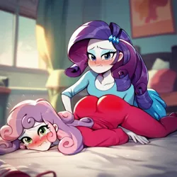 Size: 1024x1024 | Tagged: prompter needed, suggestive, ai content, derpibooru import, machine learning assisted, machine learning generated, rarity, sweetie belle, human, equestria girls, ass, bed, bedroom, bedroom eyes, blushing, butt, clothes, crying, face down ass up, g4, image, jpeg, looking at you, lying down, older, older sweetie belle, pajamas, sweetie butt