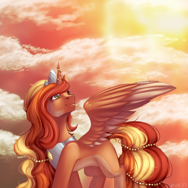 Size: 3000x3000 | Tagged: safe, artist:n3tt0l, derpibooru import, oc, unofficial characters only, alicorn, pony, beads, cloud, crown, curly hair, curly mane, curly tail, female, green eyes, image, jewelry, looking up, orange hair, orange skin, peytral, png, regalia, requested art, sky, smiling, solo, solo female, spots, spread wings, sunset, tail, wings