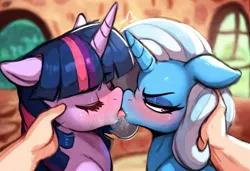 Size: 4864x3328 | Tagged: suggestive, ai content, derpibooru import, machine learning generated, prompter:tamrad, trixie, twilight sparkle, oc, oc:anon, human, pony, unicorn, blushing, drool, eyes closed, female, forced, forced kiss, french kiss, horn, image, kissing, lesbian, male, mare, now kiss, png, ship:twixie, shipper on deck, shipping, unicorn twilight