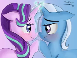 Size: 4000x3000 | Tagged: safe, artist:thealjavis, derpibooru import, starlight glimmer, trixie, pony, unicorn, blushing, cute, diatrixes, duo, duo female, eye contact, eyebrows, female, floppy ears, g4, glimmerbetes, gradient background, high res, holding hooves, horn, horns are touching, image, lesbian, looking at each other, looking at someone, mare, png, profile, shipping, side view, signature, smiling, smiling at each other, startrix