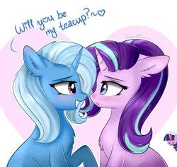 Size: 1616x1526 | Tagged: safe, artist:queenofsilvers, derpibooru import, starlight glimmer, trixie, twilight sparkle, twilight sparkle (alicorn), alicorn, pony, unicorn, :c, ><, blushing, chest fluff, cross-popping veins, cup, cute, dialogue, diatrixes, duo focus, dx, ear fluff, emanata, eye contact, eyes closed, female, floppy ears, frown, g4, glimmerbetes, grin, heart, horn, image, lesbian, looking at each other, looking at someone, mare, offscreen character, png, profile, shipping, side view, signature, smiling, startrix, teacup, text, that pony sure does love teacups, trio, trio female