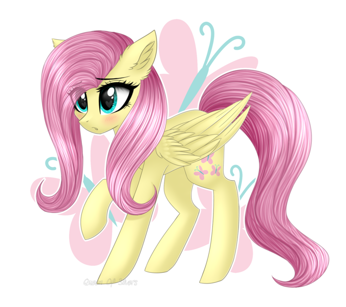 Size: 1786x1585 | Tagged: safe, artist:queenofsilvers, derpibooru import, fluttershy, pegasus, pony, blushing, cute, cutie mark, eye clipping through hair, eyebrows, eyebrows visible through hair, female, folded wings, g4, image, mare, png, raised hoof, shyabetes, signature, simple background, solo, tail, transparent background, wings