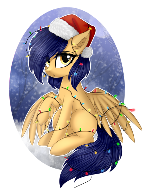 Size: 1306x1700 | Tagged: safe, artist:queenofsilvers, derpibooru import, oc, oc:vega light, unofficial characters only, pegasus, pony, chest fluff, christmas, christmas lights, commission, ear fluff, eye clipping through hair, eyebrows, eyebrows visible through hair, female, hat, holiday, image, looking at you, mare, pegasus oc, png, santa hat, simple background, solo, spread wings, tail, tangled up, transparent background, wings, ych result