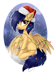 Size: 1306x1700 | Tagged: safe, artist:queenofsilvers, derpibooru import, oc, oc:vega light, unofficial characters only, pegasus, pony, chest fluff, christmas, christmas lights, commission, ear fluff, eye clipping through hair, eyebrows, eyebrows visible through hair, female, hat, holiday, image, looking at you, mare, pegasus oc, png, santa hat, simple background, solo, spread wings, tail, tangled up, transparent background, wings, ych result