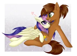Size: 2317x1684 | Tagged: safe, artist:queenofsilvers, derpibooru import, oc, oc:coppercore, oc:lilith kamaria, unofficial characters only, pegasus, pony, unicorn, blushing, chest fluff, commission, cuddling, duo, duo male and female, ear fluff, eye clipping through hair, eyebrows, eyebrows visible through hair, female, folded wings, heart, horn, image, male, mare, oc x oc, one eye closed, pegasus oc, png, shipping, signature, smiling, stallion, tail, unicorn oc, wings