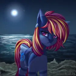 Size: 2500x2500 | Tagged: safe, artist:n3tt0l, derpibooru import, oc, unofficial characters only, earth pony, pony, beach, blue skin, bow, colored eyebrows, dark background, ear piercing, earring, eyelashes, gift art, hair bow, half body, image, jewelry, moon, night, ocean, piercing, png, red eyes, red hair, red mane, red tail, sad, sand, shiny eyes, solo, stars, striped mane, striped tail, stripes, tail, water