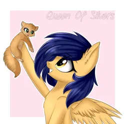 Size: 1085x1081 | Tagged: safe, artist:queenofsilvers, derpibooru import, oc, oc:vega light, unofficial characters only, cat, pegasus, pony, chest fluff, ear fluff, eye clipping through hair, eyebrows, eyebrows visible through hair, female, grin, holding, image, looking up, mare, pegasus oc, png, profile, side view, smiling, solo, spread wings, wings
