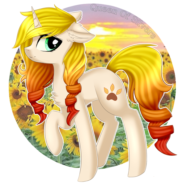 Size: 1363x1324 | Tagged: safe, artist:queenofsilvers, derpibooru import, oc, oc:sunshine blossom, unofficial characters only, pony, unicorn, chest fluff, commission, ear fluff, female, floppy ears, flower, horn, image, looking at you, mare, paw prints, png, profile, raised hoof, side view, smiling, smiling at you, solo, sunflower, tail, unicorn oc