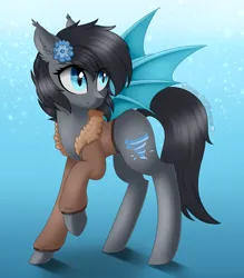 Size: 1410x1609 | Tagged: safe, artist:queenofsilvers, derpibooru import, oc, oc:seachell, unofficial characters only, bat pony, pony, bat ears, bat pony oc, bat wings, clothes, commission, ear fluff, eye clipping through hair, eyebrows, eyebrows visible through hair, female, flower, flower in hair, gradient background, image, jacket, looking sideways, mare, png, raised hoof, signature, slit pupils, smiling, solo, spread wings, tail, wings