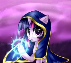 Size: 2173x1927 | Tagged: safe, artist:queenofsilvers, artist:queenofsilverss, derpibooru import, twilight sparkle, twilight sparkle (alicorn), alicorn, pony, chest fluff, cloak, clothes, crossover, ear fluff, eye clipping through hair, female, folded wings, g4, glow, glowing hooves, high res, horn, image, jaina proudmoore, looking at you, mare, outdoors, png, raised hoof, solo, warcraft, wings, world of warcraft