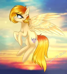 Size: 1186x1300 | Tagged: safe, artist:queenofsilvers, derpibooru import, oc, unofficial characters only, pegasus, pony, art trade, ear fluff, female, flying, image, lens flare, mare, outdoors, pegasus oc, png, profile, side view, solo, spread wings, tail, watermark, wings