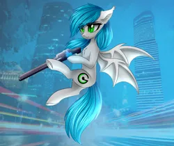 Size: 2014x1688 | Tagged: safe, artist:queenofsilvers, derpibooru import, oc, oc:sister note, unofficial characters only, bat pony, pony, bat ears, bat pony oc, bat wings, chest fluff, city, commission, ear fluff, eye clipping through hair, eyebrows, eyebrows visible through hair, female, flying, gun, image, mare, outdoors, png, slit pupils, solo, spread wings, tail, underhoof, weapon, wings