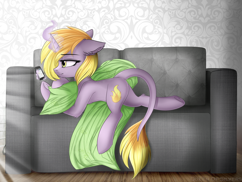 Size: 2035x1528 | Tagged: safe, artist:queenofsilvers, derpibooru import, oc, unofficial characters only, pony, unicorn, blanket, chest fluff, couch, ear fluff, eyebrows, eyebrows visible through hair, female, gift art, glow, glowing horn, horn, image, indoors, leg fluff, leonine tail, levitation, looking at something, lying down, magic, magic aura, mare, mobile phone, phone, png, prone, smartphone, smiling, solo, tail, telekinesis, underhoof, unicorn oc