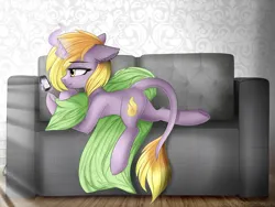 Size: 2035x1528 | Tagged: safe, artist:queenofsilvers, derpibooru import, oc, unofficial characters only, pony, unicorn, blanket, chest fluff, couch, ear fluff, eyebrows, eyebrows visible through hair, female, gift art, glow, glowing horn, horn, image, indoors, leg fluff, leonine tail, levitation, looking at something, lying down, magic, magic aura, mare, mobile phone, phone, png, prone, smartphone, smiling, solo, tail, telekinesis, underhoof, unicorn oc