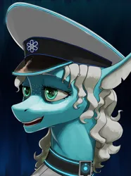 Size: 3120x4200 | Tagged: safe, artist:neither, derpibooru import, oc, oc:starry eyes, unofficial characters only, seapony (g4), equestria at war mod, bust, cap, clothes, digital art, floppy ears, flowing mane, hat, high res, image, ocean, open mouth, png, portrait, scales, solo, swimming, underwater, water