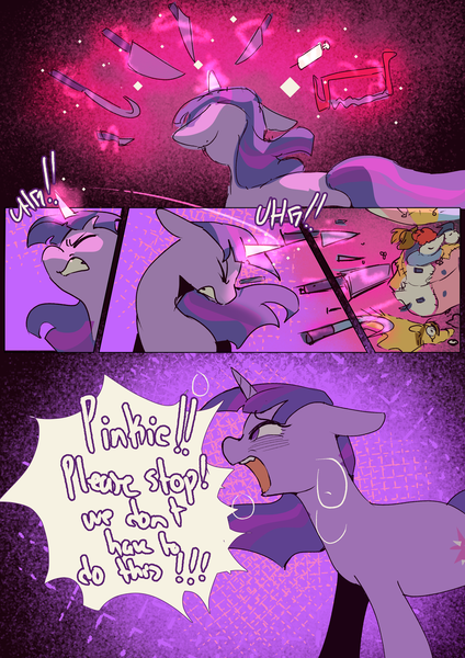 Size: 2733x3866 | Tagged: semi-grimdark, artist:piesinful, derpibooru import, twilight sparkle, pony, unicorn, comic:unlucky day, fanfic:cupcakes, comic, corpse, decapitated, female, fight, g4, hacksaw, image, implied pinkie pie, knife, magic, mare, png, scalpel, severed head, solo, syringe, telekinesis, throwing, unicorn twilight