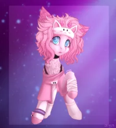 Size: 1961x2160 | Tagged: safe, artist:n3tt0l, derpibooru import, oc, unofficial characters only, earth pony, pony, accessory, bandage, blue eyes, bracelet, chest fluff, choker, clothes, coat markings, colored ears, curly hair, ear fluff, eyelashes, fluffy, gift art, headband, horns, image, jewelry, one ear down, open mouth, pink background, pink hair, pink shirt, pink skin, png, shiny eyes, short hair, simple background, socks, solo, surprised