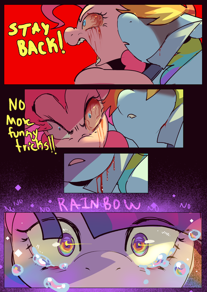 Size: 2733x3866 | Tagged: semi-grimdark, artist:piesinful, derpibooru import, pinkie pie, rainbow dash, twilight sparkle, earth pony, pegasus, pony, unicorn, comic:unlucky day, fanfic:cupcakes, bleeding, blood, bloodshot eyes, comic, crying, dialogue, female, g4, high res, image, injured, knife, mare, png, threatening, trio, trio female, unicorn twilight