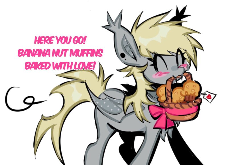 Size: 1492x1080 | Tagged: safe, artist:punkieple, derpibooru import, derpy hooves, bat pony, pony, ^^, basket, bat ponified, derpybat, english, eyes closed, food, image, jpeg, mre, race swap, simple background, solo, white background