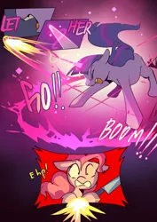Size: 2733x3866 | Tagged: safe, artist:piesinful, derpibooru import, pinkie pie, twilight sparkle, earth pony, pony, unicorn, comic:unlucky day, fanfic:cupcakes, comic, dialogue, duo, duo female, female, fight, high res, hoof hold, image, implied rainbow dash, injured, magic, mare, png, unicorn twilight, yelling