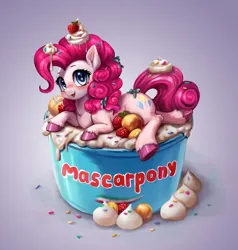 Size: 1835x1931 | Tagged: safe, artist:polnocnykot, derpibooru import, pinkie pie, earth pony, pony, adorable face, berry, blue eyes, blushing, bow, box, candy, cheese, chest fluff, cream, curly hair, curly mane, cute, dessert, diapinkes, ear fluff, eyebrows, female, fluffy, food, g4, gradient background, hair bow, happy, hooves, image, jpeg, looking at you, looking up, looking up at you, lying down, mare, mascarpone, open mouth, open smile, pink hair, pink mane, pony in a box, raised eyebrow, smiling, smiling at you, smol, solo, strawberry, sweets, tiny, tiny ponies, unshorn fetlocks, whipped cream