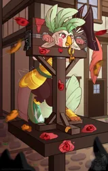 Size: 1750x2750 | Tagged: safe, artist:grumpygriffcreation, derpibooru import, captain celaeno, anthro, bird, parrot, parrot pirates, my little pony: the movie, bondage, exclamation point, food, humiliation, image, ornithian, pirate, png, public humiliation, solo, stocks, tomato