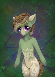 Size: 1530x2160 | Tagged: safe, artist:n3tt0l, derpibooru import, oc, unofficial characters only, anthro, earth pony, brown hair, coat markings, colored ears, eyelashes, gift art, green background, green skin, hips, image, looking at you, png, purple eyes, shiny eyes, short hair, simple background, smiling, smiling at you, solo, spots