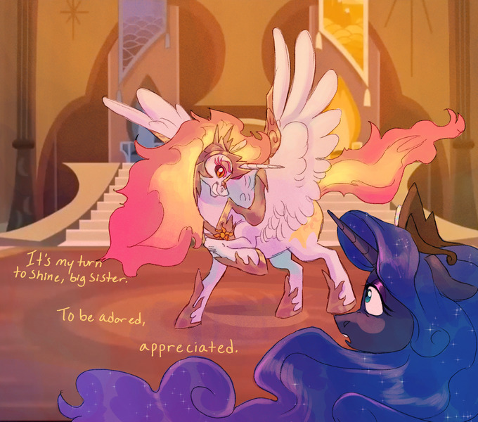 Size: 1700x1500 | Tagged: safe, artist:abbytabbys, derpibooru import, daybreaker, princess celestia, princess luna, alicorn, pony, alternate universe, armor, armored wings, black sclera, blue coat, blue eyes, castle of the royal pony sisters, colored eyebrows, colored sclera, crown, curly mane, dialogue, duo, duo female, ethereal mane, ethereal tail, evil grin, eyelashes, female, fiery mane, fiery tail, floppy ears, frown, g4, grin, helmet, hoof shoes, horn, image, indoors, jewelry, jpeg, long horn, looking at each other, looking at someone, mare, multicolored mane, multicolored tail, open frown, open mouth, orange eyes, peytral, princess shoes, profile, raised hoof, regalia, role reversal, royal sisters, screencap background, shrunken pupils, siblings, sisters, slit pupils, smiling, smiling at someone, spread wings, standing, starry mane, tail, talking, text, tiara, unicorn horn, wavy mane, wavy tail, white coat, wing armor, wing fluff, wingding eyes, wings, yellow text