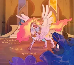Size: 1700x1500 | Tagged: safe, artist:abbytabbys, derpibooru import, daybreaker, princess celestia, princess luna, alicorn, pony, alternate universe, armor, armored wings, black sclera, blue coat, blue eyes, castle of the royal pony sisters, colored eyebrows, colored sclera, crown, curly mane, dialogue, duo, duo female, ethereal mane, ethereal tail, evil grin, eyelashes, female, fiery mane, fiery tail, floppy ears, frown, g4, grin, helmet, hoof shoes, horn, image, indoors, jewelry, jpeg, long horn, looking at each other, looking at someone, mare, multicolored mane, multicolored tail, open frown, open mouth, orange eyes, peytral, princess shoes, profile, raised hoof, regalia, role reversal, royal sisters, screencap background, shrunken pupils, siblings, sisters, slit pupils, smiling, smiling at someone, spread wings, standing, starry mane, tail, talking, text, tiara, unicorn horn, wavy mane, wavy tail, white coat, wing armor, wing fluff, wingding eyes, wings, yellow text