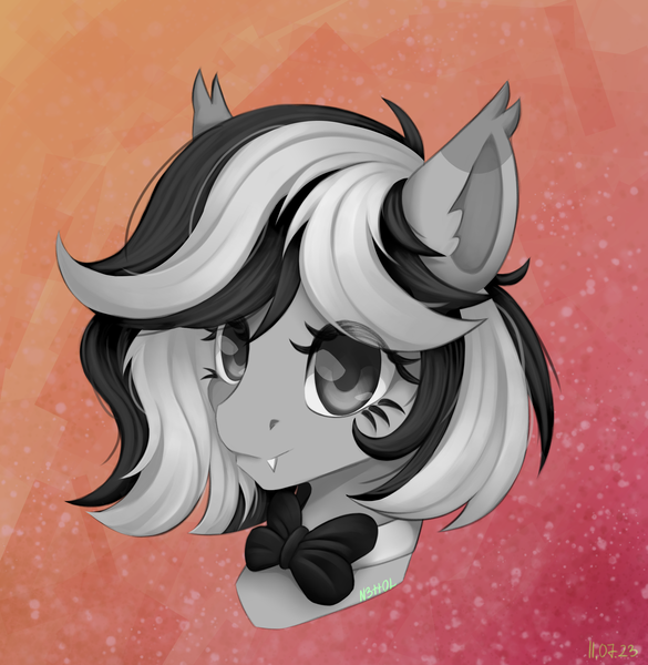 Size: 2106x2160 | Tagged: safe, artist:n3tt0l, derpibooru import, oc, unofficial characters only, bat pony, pony, black hair, bow, fangs, gradient background, gray eyes, gray skin, image, looking at you, png, shiny eyes, shiny hair, smiling, smiling at you, solo, striped hair, white hair
