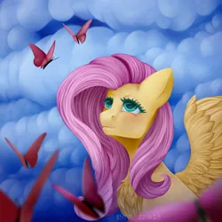Size: 2000x2000 | Tagged: safe, artist:n3tt0l, derpibooru import, fluttershy, butterfly, insect, pegasus, pony, blushing, chest fluff, cloud, cute, eyelashes, g4, half body, image, png, shy, sky, smiling, solo, spread wings, wings