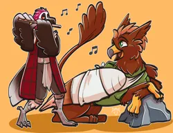 Size: 3300x2550 | Tagged: safe, artist:lou raccoon, derpibooru import, oc, oc:pavlos, anthro, bird, gryphon, vulture, bandage, beak, broken bone, broken wing, cast, cheek fluff, claws, clothes, colored wings, commission, eared griffon, flute, griffon oc, happy, image, injured, male, music, musical instrument, non-pony oc, png, simple background, sling, tail, wings, yellow background
