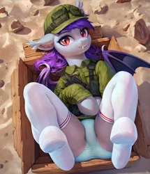 Size: 1080x1256 | Tagged: safe, ai content, derpibooru import, machine learning generated, prompter:radioglitch, stable diffusion, bat pony, clothes, desert, generator:pony diffusion v6 xl, image, military uniform, panties, png, socks, striped socks, underwear, uniform