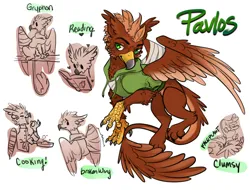 Size: 2974x2264 | Tagged: safe, artist:opalacorn, derpibooru import, oc, oc:pavlos, gryphon, bandage, beak, broken bone, broken wing, cast, cheek fluff, claws, clothes, clumsy, colored wings, commission, cooking, eared griffon, faceplant, griffon oc, image, injured, jpeg, male, non-pony oc, pain, reading, simple background, sling, tail, wings