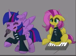 Size: 751x563 | Tagged: safe, artist:skylinepony_, derpibooru import, fluttershy, twilight sparkle, twilight sparkle (alicorn), alicorn, pegasus, pony, clothes, duo, duo female, eyes closed, female, g4, gray background, image, keyboard, micro, musical instrument, piano, png, sad, simple background, singing, sitting