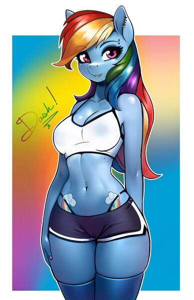 Size: 720x1113 | Tagged: questionable, artist:therocknrollmartian, derpibooru import, rainbow dash, anthro, pegasus, areola, areola outline, belly button, belly piercing, breasts, cameltoe, cleavage, clothes, female, g4, gradient background, gym shorts, hand behind back, hand on hip, image, jpeg, looking at you, panties, piercing, rainbow background, see-through, socks, solo, solo female, sports bra, thigh highs, thong, underwear