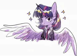 Size: 2048x1492 | Tagged: safe, artist:ssssn_sanao, derpibooru import, twilight sparkle, twilight sparkle (alicorn), alicorn, pony, clothes, cute, female, g4, half body, horn, image, jpeg, looking at you, simple background, smiling, smiling at you, solo, sparkles, spread wings, white background, wings