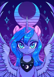 Size: 2480x3508 | Tagged: safe, artist:lina, derpibooru import, princess luna, commission, horn, image, jewelry, looking at you, merchandise, moon, png, print, regalia, retro, retrowave, sparkles, spread wings, wings