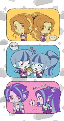 Size: 2226x4222 | Tagged: safe, artist:yanming98294, derpibooru import, adagio dazzle, aria blaze, sonata dusk, human, equestria girls, abstract background, blushing, chibi, exclamation point, g4, grin, heart, image, png, rule 63, self paradox, self ponidox, smiling, speech bubble, sweat, sweatdrop, text, the dazzlings
