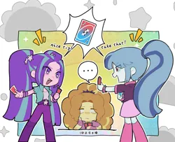 Size: 2577x2088 | Tagged: safe, artist:yanming98294, derpibooru import, adagio dazzle, aria blaze, sonata dusk, human, equestria girls, ..., abstract background, chibi, fangs, g4, image, open mouth, playing card, png, speech bubble, text, the dazzlings, uno, uno reverse card