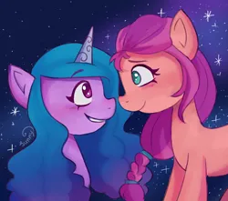 Size: 1700x1500 | Tagged: safe, artist:sunnyroop23, derpibooru import, izzy moonbow, sunny starscout, earth pony, pony, unicorn, g5, blushing, duo, female, horn, image, lesbian, looking at each other, looking at someone, mare, png, ship:moonscout, shipping, smiling, smiling at each other, starry background, stars