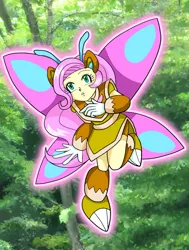Size: 1676x2217 | Tagged: safe, artist:rockmangurlx, derpibooru import, fluttershy, human, robot, butterfly wings, female, forest, gynoid, humanized, image, mega man (series), nature, png, tree, wings