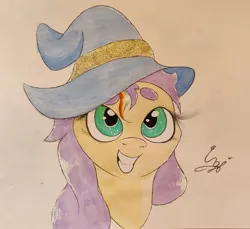 Size: 1815x1662 | Tagged: safe, artist:engi, derpibooru import, sunny starscout, earth pony, pony, g5, my little pony: tell your tale, female, happy, hat, image, jpeg, looking up, mane stripe sunny, simple background, smiling, solo, traditional art, watercolor painting, wizard hat