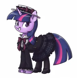 Size: 2328x2344 | Tagged: safe, artist:king-kakapo, edit, ponerpics import, ponybooru import, twilight sparkle, pony, unicorn, clothed ponies, clothes, cloven hooves, cropped, female, grin, hat, hoof shoes, image, lolita fashion, looking at you, mare, png, simple background, skirt, smiling, smiling at you, socks, solo, stockings, thigh highs, unicorn twilight, unshorn fetlocks, upscaled, white background