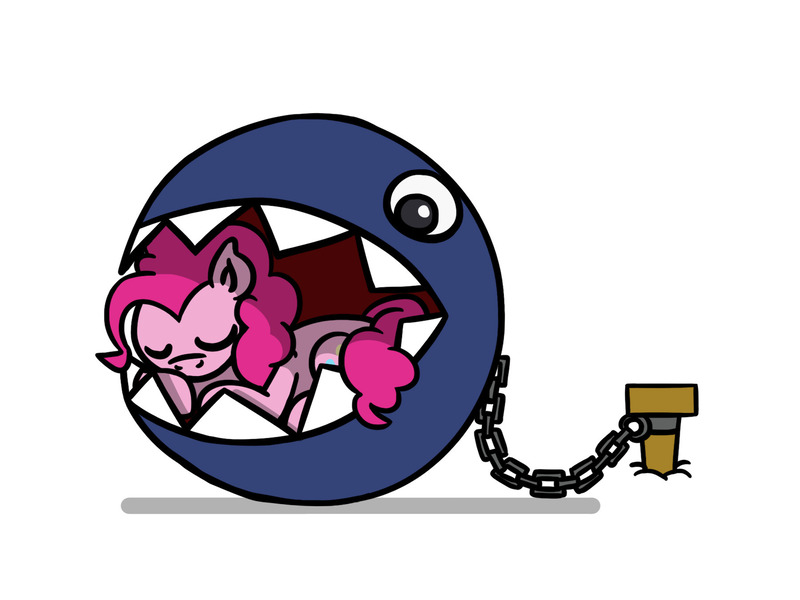 Size: 1800x1350 | Tagged: safe, artist:flutterluv, derpibooru import, pinkie pie, earth pony, pony, chain chomp, chains, crossover, female, g4, image, jpeg, mare, ponified animal photo, simple background, sleeping, solo, super mario bros., white background