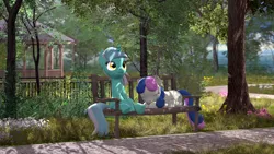 Size: 3840x2160 | Tagged: safe, artist:owlpirate, derpibooru import, bon bon, lyra heartstrings, sweetie drops, earth pony, pony, unicorn, 3d, 4k, bench, duo, duo female, female, g4, gazebo, high res, horn, image, lesbian, looking up, lying down, lyrabon, mare, nature, outdoors, park, png, prone, shipping, sleeping, smiling, source filmmaker, tree