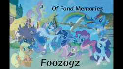 Size: 1280x720 | Tagged: safe, artist:foozogz, artist:user15432, derpibooru import, applejack, fluttershy, pinkie pie, princess celestia, princess luna, rainbow dash, rarity, spike, twilight sparkle, twilight sparkle (alicorn), alicorn, dragon, earth pony, pegasus, pony, unicorn, animated, apple, blue sky, cloud, flying, food, foozogz, g4, horn, house, image, link in description, looking at you, mane six, music, of fond memories, open mouth, open smile, plane, ponyville, rainbow, smiling, smiling at you, song, sound only, webm, youtube link